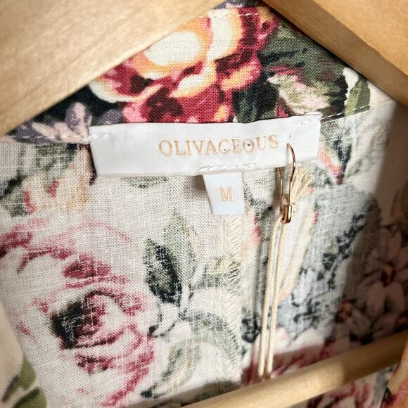 Olivaceous Womens Linen Blend Short Sleeve Mini Shirtdress Medium Cream Floral - Picture 5 of 10